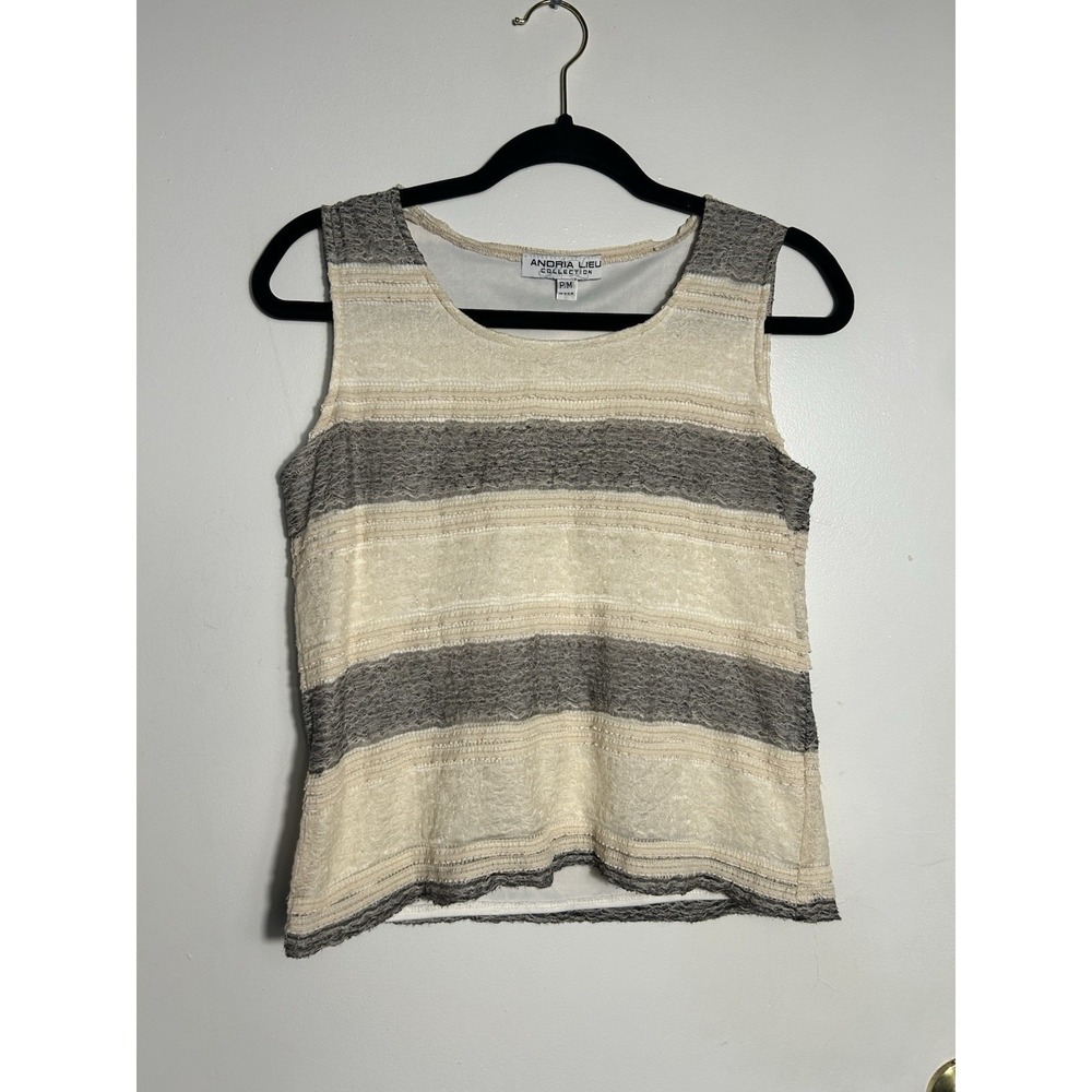 VTG Andria Lieu Collection Lace Shell Tank Top PM Gray Beige‎ Textured Lagenlook
